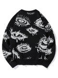 New American Trendy Men Sweater High Street Dark Eyes Printed Knit O Neck Long Sleeve Pullover Casual Loose High Street Knitwear