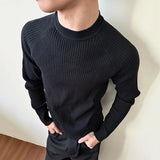 Pit Strip Design Men's Tees Long Sleeved Casual Knitting Round Collar Tops Slim Solid Color Male T-shirts Summer