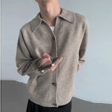 New Korean Fashion Men Cardigan Jacket Light Luxury Knitted Polo Neck Long Sleeve Sweater Coat Casual Retro Solid Color Knitwear