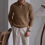 Men's American Retro Polo Sweater Luxury Trendy Business V Neck Knit Solid Color Pullover Leisure Slim-fit Long Sleeve Knitwear
