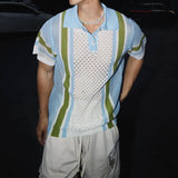 Vintage Striped Patchwork Knitting Polo Shirts For Men Summer Trendy Loose Hollow Out Polos Mens Tops Knit Short Sleeve T Shirt