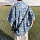 Men Denim Shirts Floral Printed Summer Button Lapel Tops Short Sleeve Blouses Soft Cotton Loose Male Hawaiian Beach Shirts