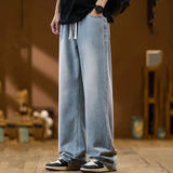 Men New Baggy Jeans Fashion Y2K High Street Retro Blue Trousers Elastic Drawstring Straight Wide Leg Loose Casual Denim Pants