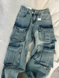 American style trendy retro multi pocket denim workwear pants men and women summer new popular washed wide leg casual pants y2k