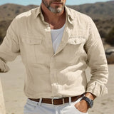 Men's Casual Cotton Linen Shirts for Men Hawaiian Shirts Breathable Solid Color Basic Style Men Clothing
