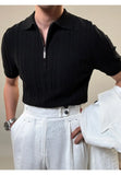 Zipper Knitted Short-sleeved Polo Shirt Men Summer American Retro Commuting Loose Vertical Striped Pit Strip Lapel T-shirt Men