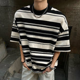 Summer New Male Striped T-shirt Half Turtleneck Loose Short Sleeve Contrast Color O-neck Pullover Male Tees 2025