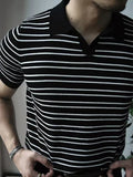 Vintage Striped Knit Polo Shirts Men Short Sleeve Casual Tops Spring Summer Mens Fashion Buttoned Turn-down Collar Slim T Shirt