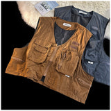 American Outdoor Multi-function Short Vest Jacket Basic Commuting Versatile Vest Cityboy Workwear Waistcoat Aesthetic Urban Chic