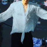 Stylish Men's Tops See-through Fabric Pearl Decoration Shirts Casual Clubwear Male Hot Selling Thin Long Sleeved Blouse