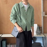 Korean Jacquarded Cardigan Coat Light Luxury Knitted Lapel Long Sleeve Men Sweater Jackets Autumn Leisure Premium Knitwear M-3XL