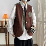 Japanese Trendy Couple Loose Jacket Retro Interface Bag Work Vest Sleeveless V-neck Vest Handsome Cardigan Aesthetic Urban Chic