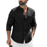 Men's Casual Solid Color Beach Shirts Full Sleeve Shirt Single Breasted Versatile Blouse Slim Male Stand Collar Cotton Linen Top