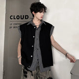 Niche Design Men's T-shirts Lapel Half Sleeve Fake Two-piece Single Breasted Plaid Patchwork Summer Loose Male Tops