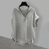 Men Solid Zipper Hoodies Sleeveless Loose High Street All-match Sporty with Hat Fashion Side-slit Young Korean Style Male Tops