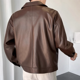 Autumn Mens Retro Lapel Short Long Sleeve Elegant British Pu Textured Leather Casual Jacket Loose Leather Jacket For Men