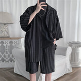 Summer Shirt Set Men Oversized Fashion Society Mens Black Formal Sets Korean Loose Casual White Striped Set Mens Plus Size 5XL