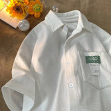 Korean style men and women trendy waffle short sleeved shirt summer couple retro patch casual loose half sleeved T-shirt top