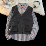 2 Pcs Shirts Men Japanese Style Vintage Striped Tops Casual Unisex Harajuku Cozy Fashion Long Sleeve Classic Рубашки Hombre
