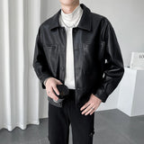 Autumn Mens Retro Lapel Short Long Sleeve Elegant British Pu Textured Leather Casual Jacket Loose Leather Jacket For Men
