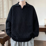 Korean Style Men's Polo Sweater Light Luxury Textured V-neck Knit Long Sleeve Pullover Autumn Casaul Trendy Male Clothing M-3XL