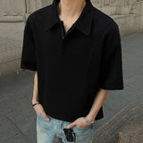 New Fashion Male T-shirt Short Sleeve Turn-down Collar Zipper Top Casual Solid Color Men Clothing Summer Trend
