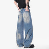 New Summer Men's Denim Pants Washing Dirty-dying Contrast Color Straight Bottom Wide Leg Male Jeans Korean Style