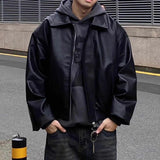 High Street Trendy PU Leather Crop Jacket Casual Textured Locomotive Zipper Turn-down Collar Solid Color Long Sleeve Men's Coats