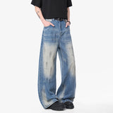 New Summer Men's Denim Pants Washing Dirty-dying Contrast Color Straight Bottom Wide Leg Male Jeans Korean Style