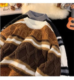 American autumn and winter street fashion personalized jacquard round neck pullover for couples loose retro color blocked knit