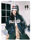 American Retro Striped Coat Contrasting Color Spliced Leather Jacket Japanese Spring Couple Racing Style Leather Jacket Chic