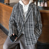Korean Style Men Blazer Luxury Loose Fit Jackets Small Plaid High Quality Designer Suit Coat Male