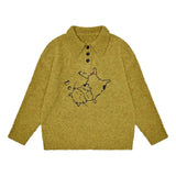Mens Sweater Lazy Kitten Embroidered Sweater Autumn Daily Retro Casual Versatile Comfortable Polo Collar Top Men'S Clothing