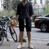 New Summer Men's Set Loose Casual Sports Suit High-quality Jacquard V-neck Short-sleeved Shorts Two-piece Men's Clothing