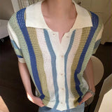 Leisure Breathable Hollow Out Shirt For Men Summer Beach Casual Short Sleeve Knitted Shirts Mens Fashion Striped Knitting Tops
