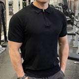 New Men Fashion Tops American Style Light Luxury Knitted Zipper Polo Shirt Casual Fitness Solid Color Short Sleeve Fitness Tees
