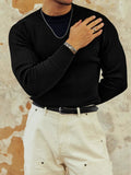 Vintage O Neck Slim Fit Knit Mens T-shirts Spring Stylish Solid Color Ribbed Long Sleeve Jumper Tops Men Casual Knitting T Shirt