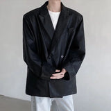 Fashion Men's Suit Casual PU Leather Patchwork Shoulder Padded Solid Color Double Breasted Male Blazers Autumn