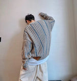 Y2K Striped Crochet Sweater For Men Long Sleeve Knitted Tees Korean Fashion Streetwear Pullovers Patchwork Crewneck Knitwear