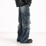 Hip hop men and women trendy straight leg multi pocket washed jeans American spring and autumn couple loose retro casual pants