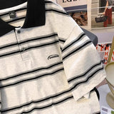 High street hip-hop men and women trendy personalized striped polo short sleeved couple summer loose retro casual Harajuku top
