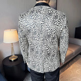 Fashion Leopard Print Blazer Jacket Men Spliced leather Collar Back Slit Party Dresses Clothing Slim Fit Suit Coat Male
