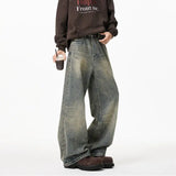Mens Loose Straight Wide Leg Jeans Distressed Washed Vintage Oversized Floor Length Denim Pants Casual Streetwear Trendy
