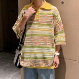 New Trend Men Fashion Striped Polo Shirt Light Luxury Hollow Out Knitted T-shirt Korean Style Summer Casual Short Sleeve Tops