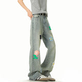 Blue Jeans Men Fashion Casual Straight Jeans Streetwear Hip-hop Loose Flower Jeans Mens Vintage Denim Pants Man Trousers