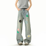 Blue Jeans Men Fashion Casual Straight Jeans Streetwear Hip-hop Loose Flower Jeans Mens Vintage Denim Pants Man Trousers