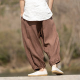 Chinese Style Men Casual Pants Men Linen Low Crotch Harlan Wide Leg Pants Male Lantern Pants Streetwear Hiphop Trousers