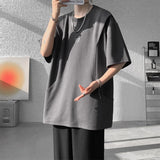 t shirt Men Loose Fit Crew Neck T-Shirt Solid Streetwear Urban Casual Patchwork Design Trendy Hip Hop Tee man 2024 Fashion