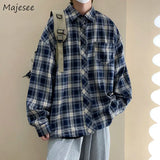 Shirts Men Clothing Plaid Long Sleeve Autumn Cool Navy Blue Japanese Retro Harajuku Students Preppy Stylish Handsome Kpop Casual