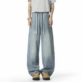 Washing Men's Denim Pants Drawstring Solid Color Casual Elastic Waist Streetwear Wide Leg Loose Male Simple Jeans
